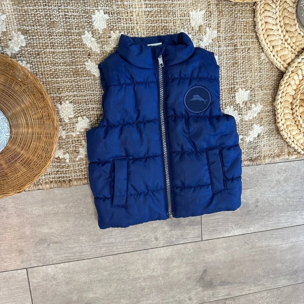 New Tommy Bahama Baby Boys Puffer Vest Jacket Navy Blue Logo Patch 12 Months